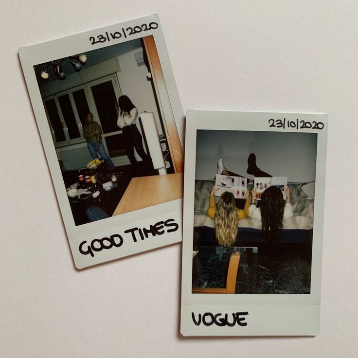 two polaroid pictures of people in a living room with the words good times written on them