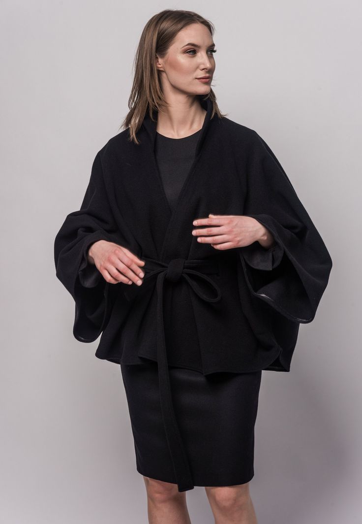 Black Wool Coat - Poncho - Cloak - Jacket -  Cape  with Belt Wool Cape For Formal Occasions, Formal Wool Cape Outerwear, Fall Cape For Workwear, Formal Cape Outerwear For Spring, Formal Spring Cape Outerwear, Oversized Cape Outerwear For Spring, Black Formal Cape Outerwear, Oversized Black Outerwear With Kimono Sleeves, Black Cape For Formal Occasions