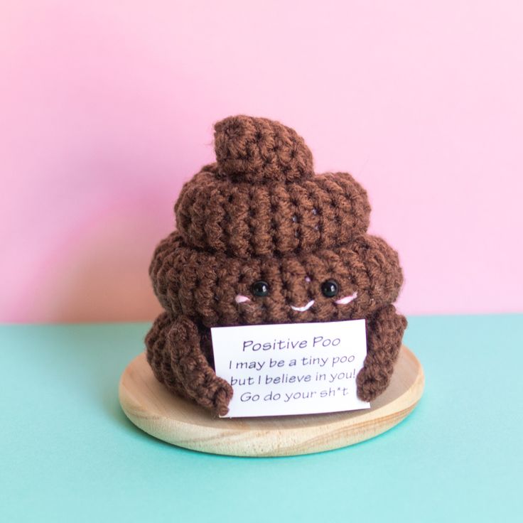 Positive poo is rooting for you through the doldrums and stresses of your week! This little Poop is crochet by hand with rich brown yarn and holds a sign that reads:  "I maybe a tiny poo but I believe in you!  Go do your sh*t Personalization is available if you'd like to add to the message, or to create a message of your own.  Measures about 4.5 inches tall and is securely attached to a 3.5 in wooden base- perfectly sized for your office desk or study space. This adorable handmade keepsake arrives gift ready, and gift worthy.  Makes a smile inducing encouragement gift for co-workers, teachers, dads, or anyone else who needs a laugh.  Ships quickly in a sturdy 5x5 cube mailer. Job Office, Brown Yarn, Encouragement Gift, Emotional Support, New Job, Father's Day, Back To School, Encouragement, Desk