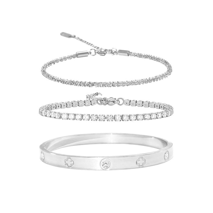 PRICES MAY VARY. 【3PCS/SET FOR LAYERING】Our dainty silver bracelet set includes glossy bangles, cubic zirconia bracelets, and twisted sparkle glitter chain bracelet, perfect for layering or wearing alone for everyday elegance. 【BRACELET MATERIAL】Our silver bangle bracelet features a minimalist design with round Cubic Zirconia stones that add just the right amount of sparkle. Made from hypo-allergenic stainless steel, it's strong, durable, and perfect for everyday wear. 【PERFECT SIZE】With a stron Friendship Bracelets Diamond, Expensive Bracelets, Layered Silver Bracelets, Bracelets Friendship, Bracelets Diamond, Bracelet Set Silver, Christmas Board, Cubic Zirconia Bracelet, Silver Bangle Bracelet