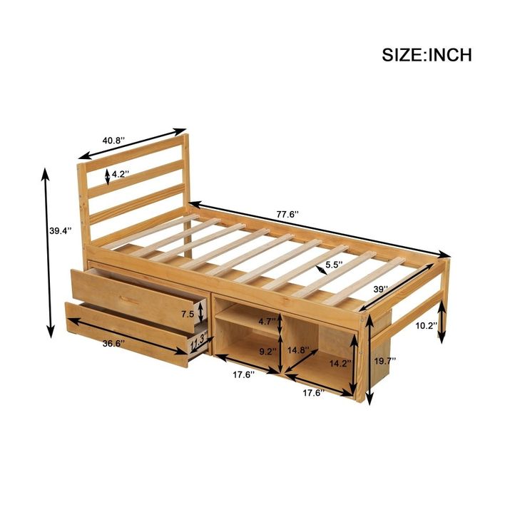 a bed frame with drawers and measurements for it