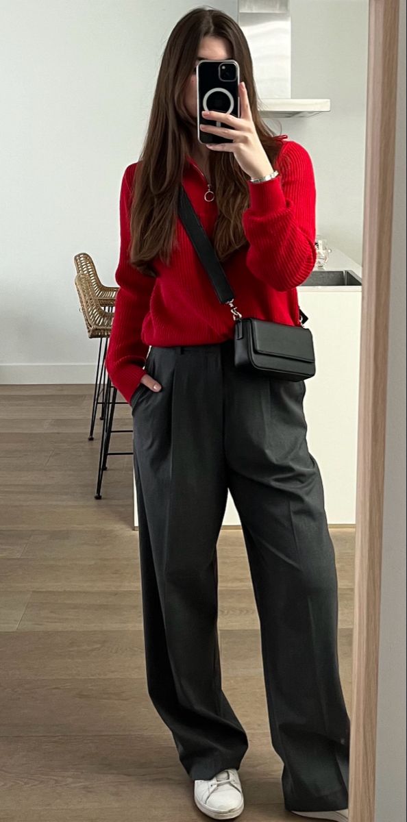 Red With Grey Outfit, Red Sweater Work Outfit, Red Knit Skirt Outfit, Red Jumper Outfit Aesthetic, Outfits With Grey Trousers, Uniqlo Pleated Wide Pants Outfit, Autumn Red Outfit, Red Polo Sweater Outfit, Grey Trousers Outfit Winter