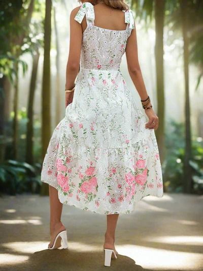 Summer Floral Charm: Hollow Embroidered Square Neck Ruffle Hem Dress Fitted Dress With Embroidered Hem For Spring, Sleeveless Lace Midi Dress With Ruffle Hem, Spring Fit And Flare Dress With Ruffle Hem, Feminine Spring Dress With Embroidered Hem, Feminine Dress With Embroidered Hem For Spring, Summer Embroidered Dresses With Square Neck, Tiered Midi Dress With Lace Trim For Garden Party, Lace Dress With Ruffle Hem For Vacation, Knee-length Lace Dress With Ruffle Hem