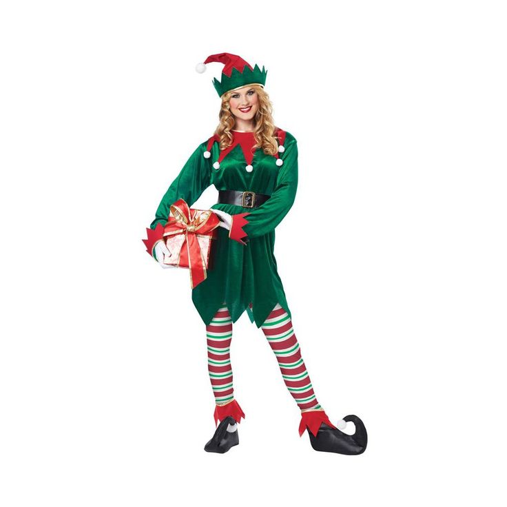 a woman dressed in an elf costume holding a present