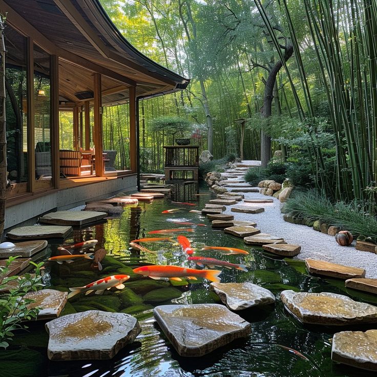 a japanese garden with koi fish swimming in the water