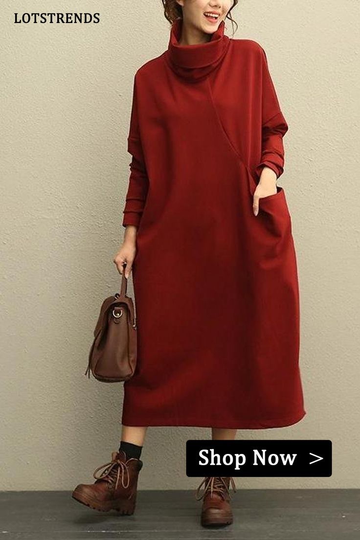 Women Casual High Neck Thicken Knitted Winter Maxi Dresses Solid Color Crew Neck Dress For Fall, Fall Crew Neck Solid Color Dress, Fall Crew Neck Dress In Solid Color, Casual Long Sleeve Dress For Fall, Casual Long Sleeve Cotton Dress For Fall, Casual Long Sleeve Solid Color Dress For Winter, Casual Long Sleeve V-neck Dress For Fall, Casual V-neck Long Sleeve Dress For Fall, Long Sleeve Red Winter Dress