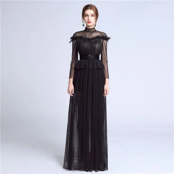 Elegant Black Lace Evening Dresses 2018 A-Line / Princess High Neck Long Sleeve Beading Sash Floor-Length / Long Pleated Formal Dresses Concert Dress, Black Gowns, Black Lace Evening Dress, Concert Dresses, Dark Wedding, Scoop Neck Long Sleeve, Full Length Dress, Lace Evening Dresses, Black Gown