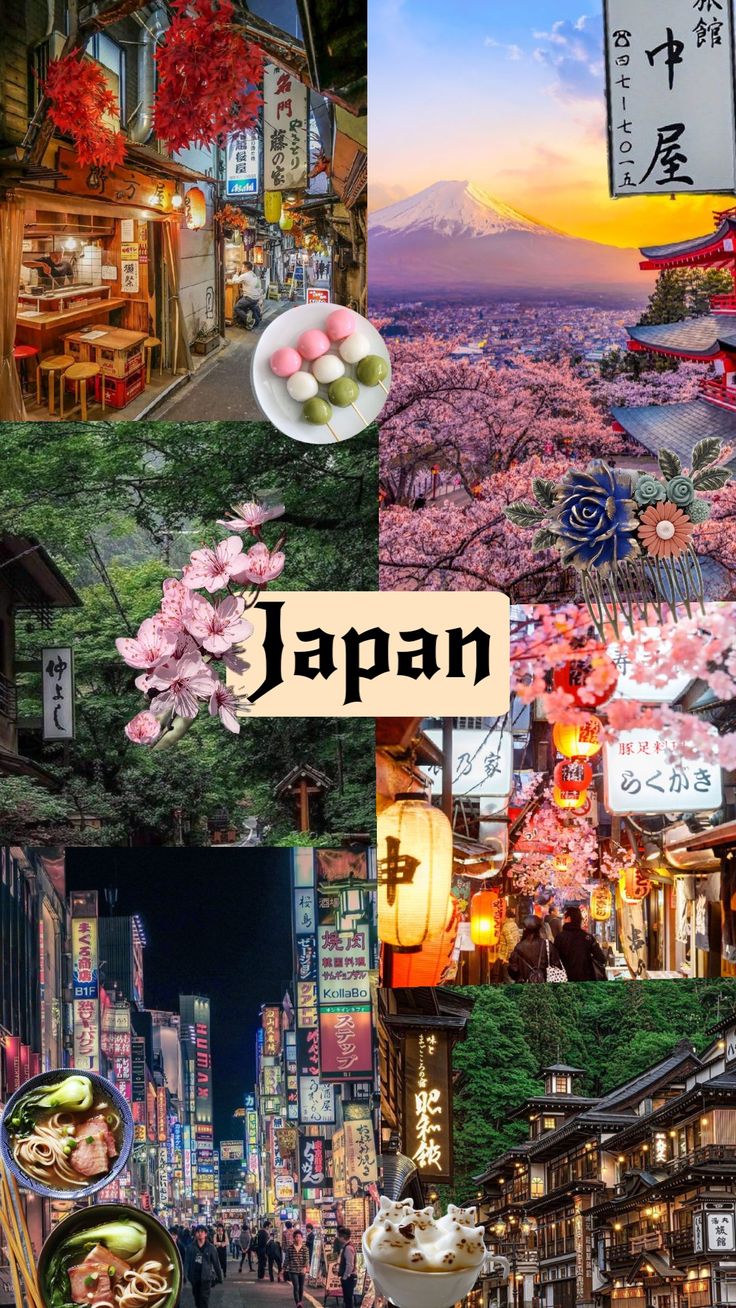 japan collage with the word japan in japanese and pictures of buildings, trees, flowers, and street signs