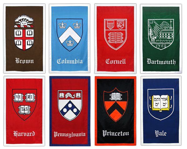 six different colored flags with the names of each team and their emblems on them