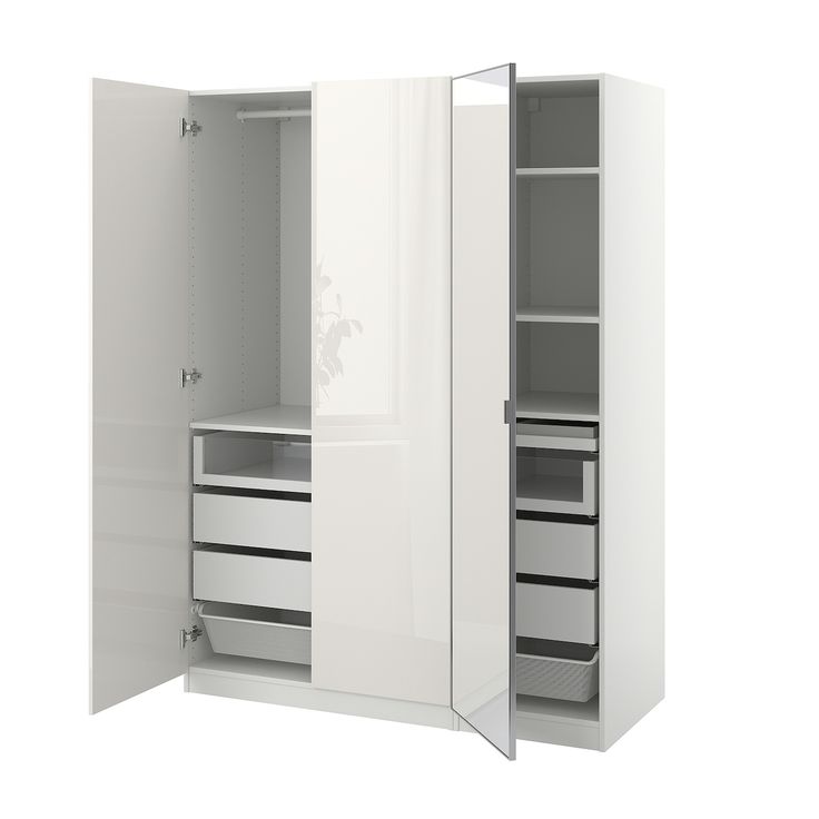 an open closet with drawers and shelves on each side is shown in white, isolated against a white background