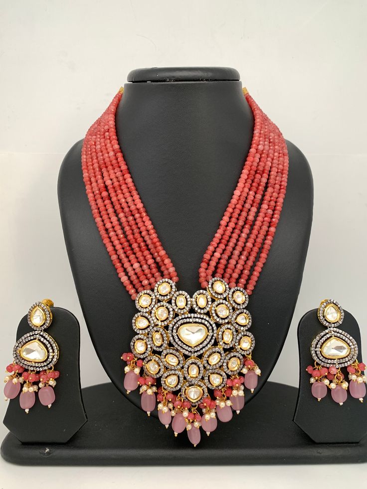 Kundan AD Pendent with Pink Onyx Beads Necklace Necklace Length : 16 Inches; Earring Length : 2.5 Inches Jewelry Pakistani, Indian Patterns, Peacock Pattern, Necklace Indian, Kundan Necklace, Pakistani Jewelry, Kundan Necklaces, Onyx Bead, Pink Beads