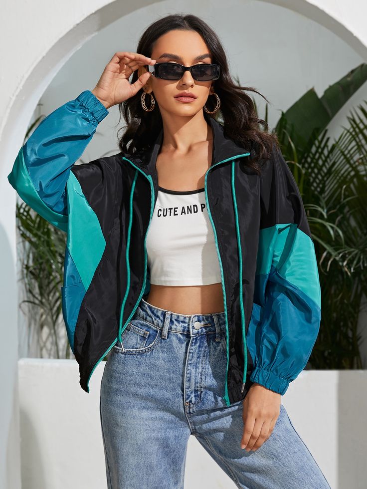 Black Sporty  Long Sleeve Polyester Colorblock Windbreaker  Non-Stretch Spring/Fall Women Outerwear 80s Windbreaker Outfit, 80s Windbreaker, Windbreaker Jacket Women, Women's Windbreaker, 80s Jacket, Womens Jackets Casual, Windproof Jacket, Wind Jacket, Polyester Jacket