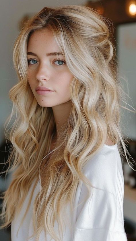 Wedding Hair Blonde Mid Length, Wedding Some Up Some Down Hair, Wedding Hair Relaxed, Long Hair Down Styles Wedding, Half Up Waves Wedding Hair, Bridal Hairstyles With Strapless Dress, Wedding Hairstyles Half Up Half Down Long Hair, All Down Wedding Hair Down Hairstyles, Loose Beach Waves Wedding Hair