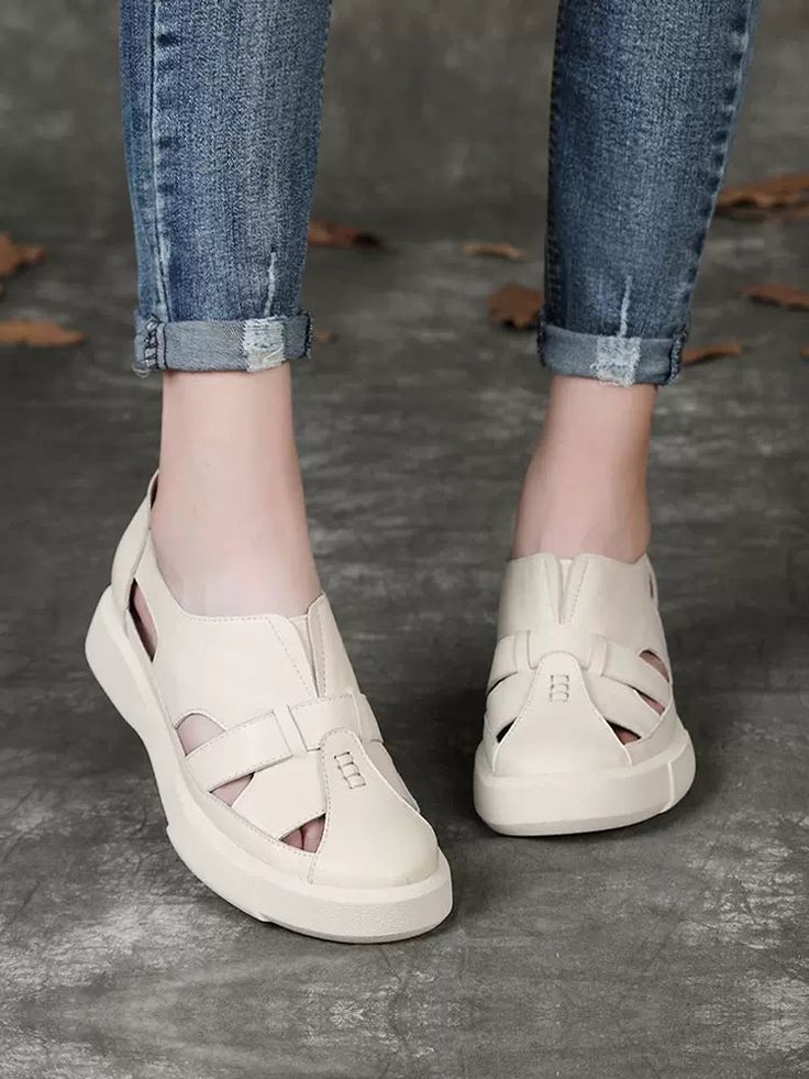 Gender: Women Item Type: Casual Shoes Main Material: Cow Leather Style: Casual, Classic, Retro Season: Spring, Summer Heel Type: Wedge Outsole Material: Rubber Heel Height: Mid-Heel (3-6 cm) Size Length cm inch 35 22.5 8.86 36 23 9.06 37 23.5 9.25 38 24 9.45 39 24.5 9.65 40 25 9.84 Comfortable Beige Wedge Sandals With Round Toe, White Open Toe Casual Wedge Sandals, Comfortable Beige Closed Toe Wedge Sandals, Casual Round Toe Platform Sandals, Platform Closed Toe Flats, Trendy Beige Slip-on Wedge Sandals, Comfortable White Closed Toe Wedge Sandals, Slip-on Round Toe Wedge Sandals For Beach, Casual Closed Toe Wedge Sandals With Removable Insole