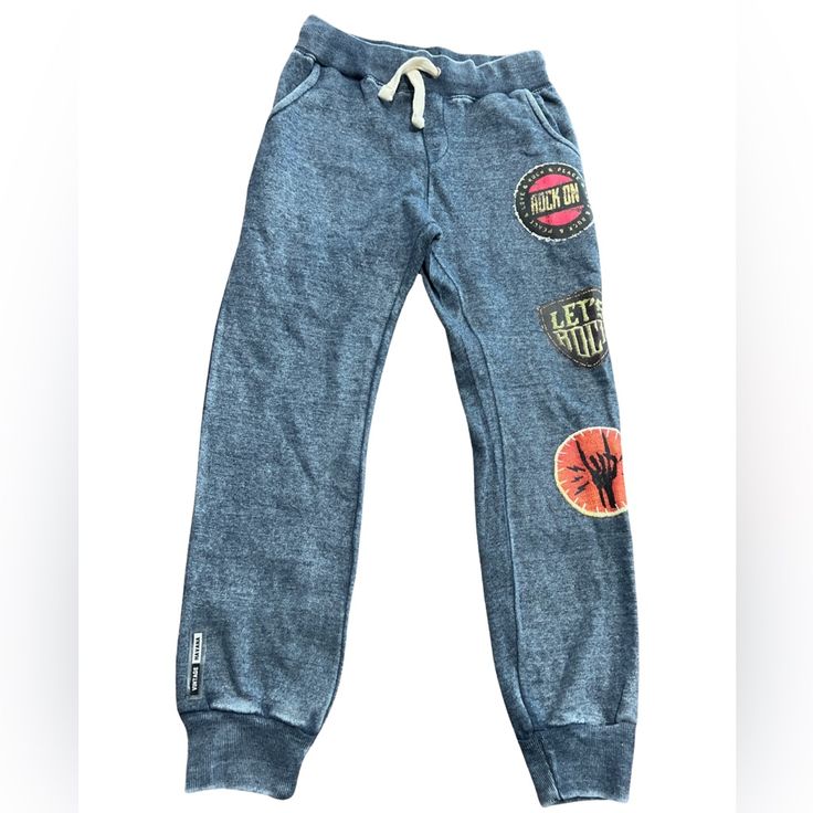 Vintage Havana Rock On Boys Sweatpants Size L Bnwt Super Soft & Comfy Distressed Denim Color Cotton Graphic Print Bottoms For Playwear, Cotton Bottoms With Graphic Print For Playwear, Blue Playwear Pants With Elastic Waistband, Casual Graphic Print Bottoms For Playwear, Blue Pants With Elastic Waistband For Playwear, Casual Denim Blue Pants With Graphic Print, Trendy Cotton Playwear Bottoms, Trendy Cotton Bottoms For Playwear, Casual Denim Blue Bottoms With Graphic Print