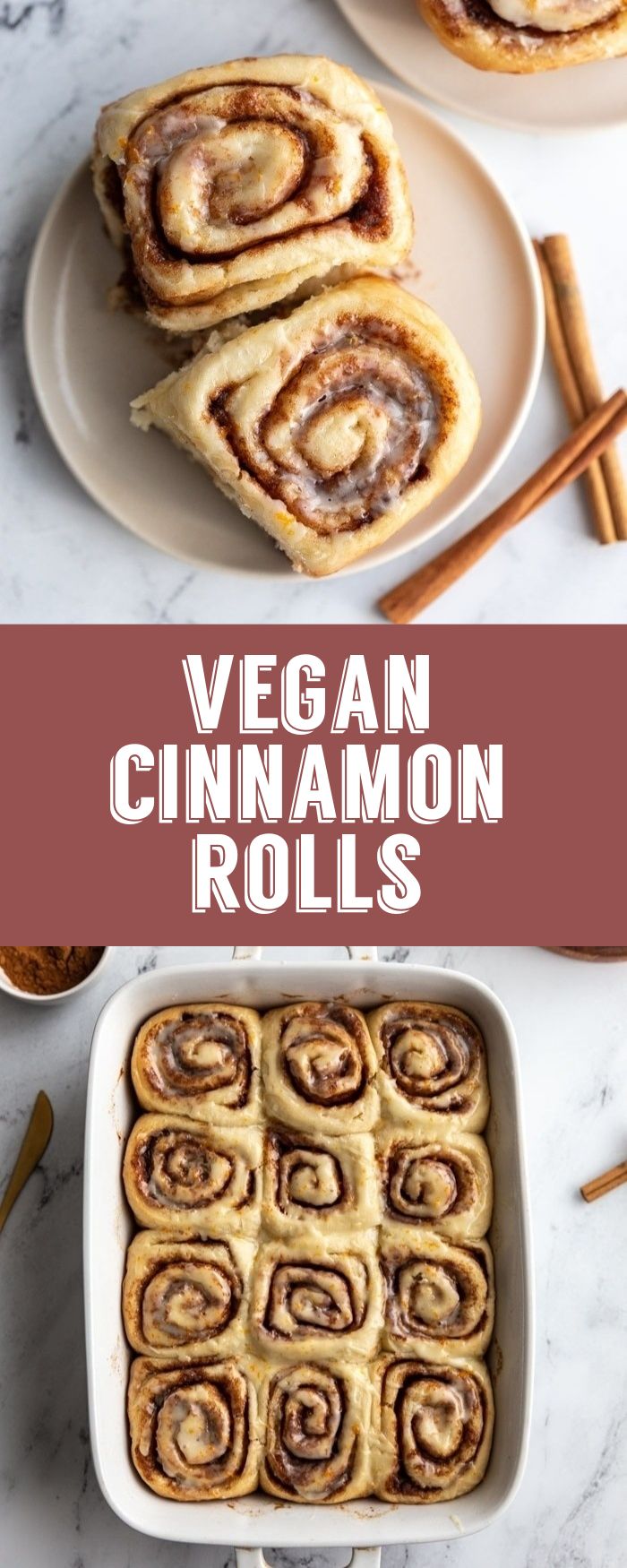 vegan cinnamon rolls in a white dish with cinnamon sticks and cinnamon on the side