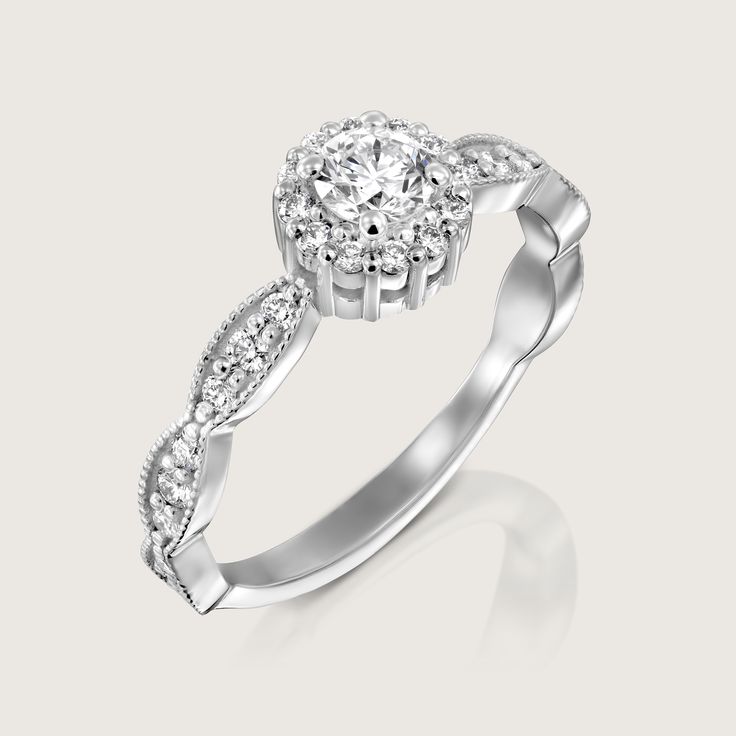 A stunning center diamond is encompassed by an elegant halo of 12 tiny white diamonds. If that isn’t enough sparkle, the unique curved pattern band is encrusted with diamonds as well. This hybrid of the past and present, with modern and vintage features, is a must-have piece. All features can be customized! Please contact us if you wish to make changes, we love making custom designs. All of our jewelry is carefully handmade in our atelier. *HC diamond are all conflict-free diamonds To order by phone 972-72-2991000 14k White Gold Halo Diamond Ring, Classic Diamond Halo Ring For Wedding, Classic Diamond Halo Wedding Ring, Classic Cubic Zirconia Ring With Halo Setting, Elegant Cluster Ring In Diamond White For Promise, Dazzling Diamond White Halo Ring For Anniversary, Dazzling Diamond Ring With Halo Setting For Anniversary, Dazzling Diamond Halo Ring For Formal Occasions, Dazzling Diamond Halo Ring For Formal Events