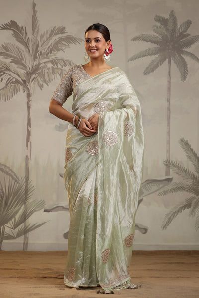 91Z201-RO Pista Green Tissue Silk Saree with Embroidered Blouse Eid Pista Green Dola Silk Pre-draped Saree, Pista Green Tissue Silk Pre-draped Saree With Zari Work, Pista Green Saree With Resham Embroidery In Dola Silk, Pista Green Dola Silk Saree With Resham Embroidery, Pista Green Tussar Silk Saree With Resham Embroidery, Pista Green Tissue Silk Saree With Unstitched Blouse, Pista Green Tissue Silk Saree With Resham Embroidery, Pista Green Saree With Resham Embroidery In Tissue Silk, Green Dola Silk Saree With Resham Embroidery