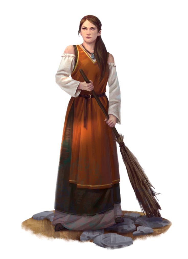 a woman in an orange dress holding a broom and wearing a long brown dress with white sleeves