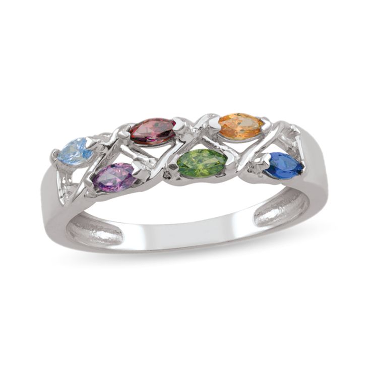 Perfect for the stylish mom, this personalized marquise gemstone crossover ring is a meaningful look she'll turn to often. Crafted in your choice of metal This style showcases the six sideways 4.0 x 2.0mm marquise-cut simulated or natural gemstones you select - glistening in two rows along the center. Each gemstone represents someone important to Mom. Polished crossover ribbons shine between to complete this open-worked design. Modern Multi-stone Birthstone Ring For Anniversary, Modern Multi-stone Birthstone Ring For Promise, Multicolor Oval Birthstone Promise Ring, Modern Birthstone Gemstones For Anniversary, Modern Anniversary Birthstone Gemstones, Multicolor Oval Birthstone Ring For Anniversary, Oval Multicolor Birthstone Ring For Anniversary, Oval Multi-stone Birthstone Ring, Marquise Birthstone Ring With Accent Stones For Anniversary