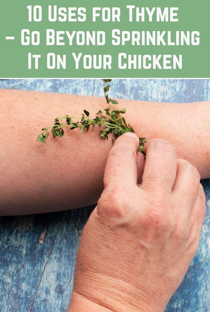 someone is sprinkling herbs on their arm with the words 10 uses for thyme - go beyond sparkling it on your chicken