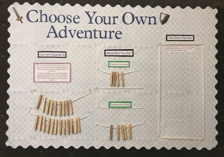 a sign with clothes pins on it that says choose your own adventure