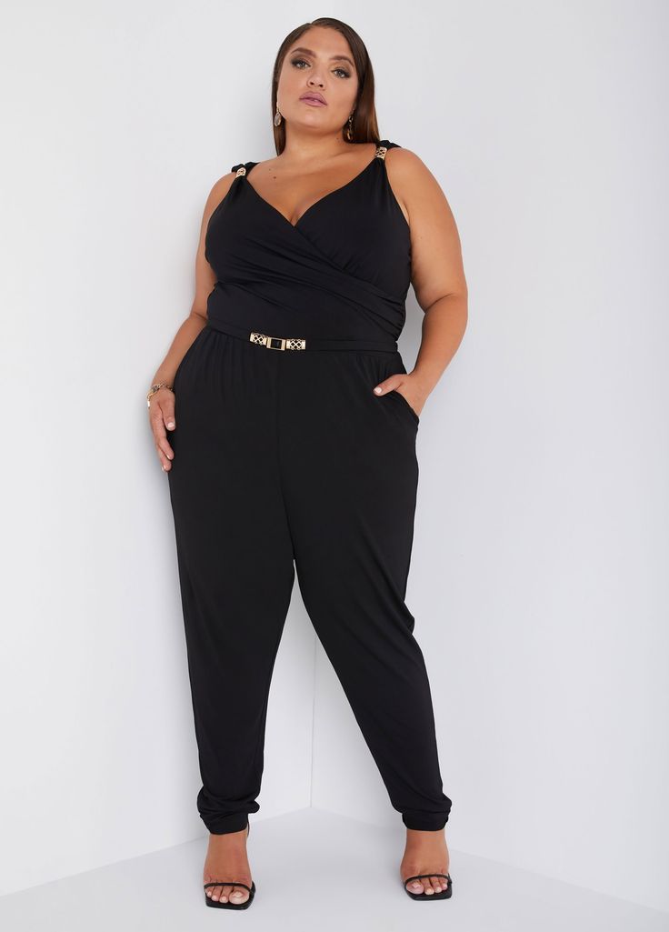 Bring on the glam in our draped faux wrap jumpsuit designed with jeweled accents & a tapered fit. Glamorous Summer Workwear Jumpsuits, Jogger Jumpsuit, Jumpsuit Plus Size, Plus Size Joggers, Stylish Jumpsuit, Wrap Jumpsuit, Designer Jumpsuits, Jumpsuit Online, Trendy Chic