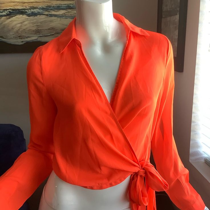 Nwt Pretty Little Thing Fluorescent Orange Long-Sleeve Wrap Blouse Size 4 100% Polyester New With Tags Spring V-neck Party Shirt, Collared Summer Blouse For Night Out, Summer Collared Blouse For Night Out, Orange V-neck Blouse For Party, Collared Summer Party Blouse, Summer Party Collared Blouse, Collared Summer Blouse For Parties, Summer Party Blouse With Collar, Collared Blouse For Summer Parties