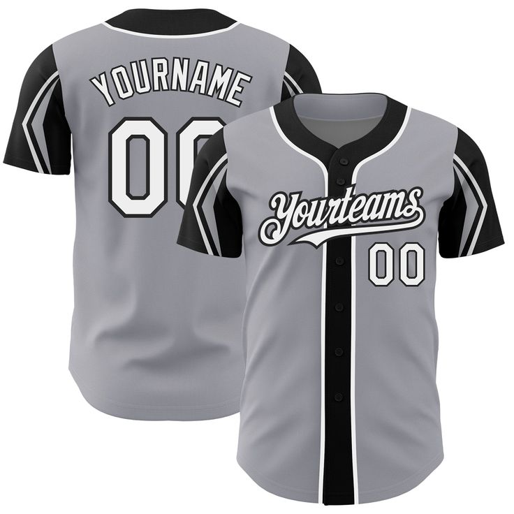 Custom Gray White-Black 3 Colors Arm Shapes Authentic Baseball Jersey Customizable Black Jersey For Fans, Varsity Baseball Jersey For Team Events With Sublimation Print, Varsity Baseball Jersey With Sublimation Print For Team Events, Black Baseball Jersey With Collar For Fans, Custom College Jersey For Baseball Season, Collegiate Baseball Jersey For Customization, Customizable Black Jersey For Team Spirit, Black Sublimation Baseball Collar Shirt For Sports Season, Collegiate Style Black Short Sleeve Baseball Jersey