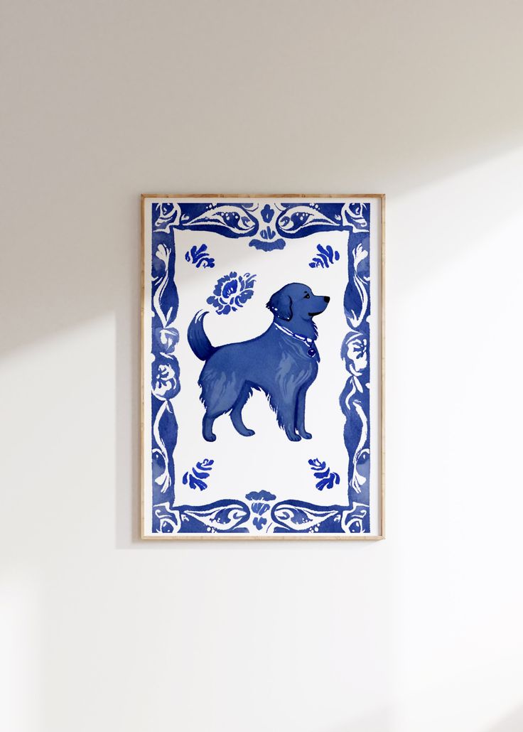 a blue and white tile with a dog on it's side in the corner