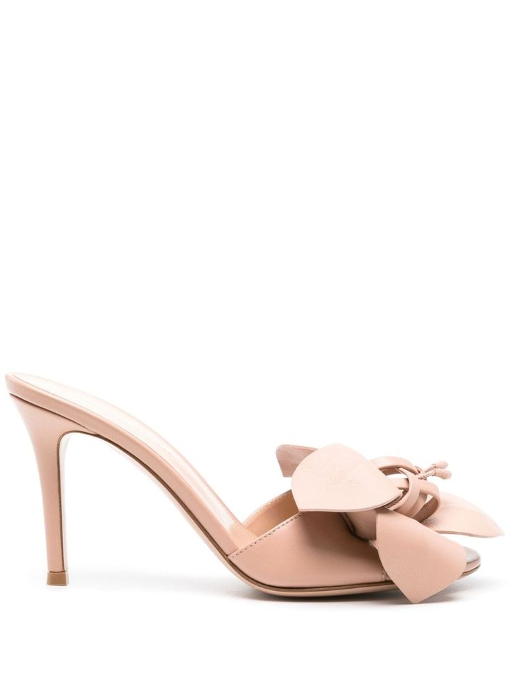 blush beige calf leather grained texture floral appliqué round open toe slip-on style 85mm stiletto heel branded leather insole leather lining Elegant Calf Leather Mules With Wrapped Heel, Elegant Pink Mules With Sculpted Heel, Blush Leather Open Heel Shoes, Blush Leather Open Heel Heels, Feminine Blush Open Heel Heels, Chic Blush Heels With Sculpted Heel, Elegant High Heel Beige Mules, Elegant Calf Leather Mules For Party, Elegant Beige High Heel Mules