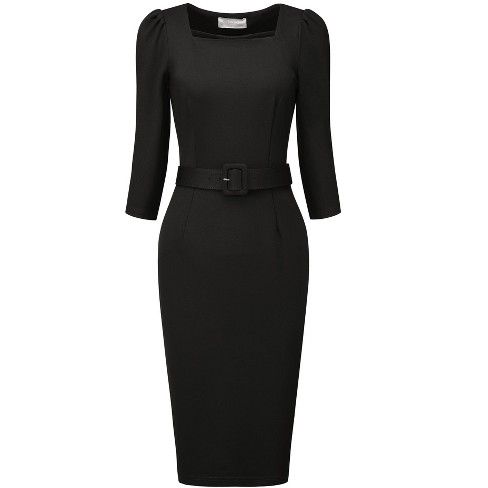 Elegant Non-stretch Sheath Dress, Non-stretch Elegant Sheath Dress, Elegant Square Neck Office Dress, Elegant Non-stretch Dress For Fall, Elegant Long Sleeve Midi Dress With Fitted Waist, Non-stretch Elegant Dress For Fall, Formal Solid Midi Dress, Elegant Fitted Dress For Fall, Elegant Dresses With Fitted Waist For Fall