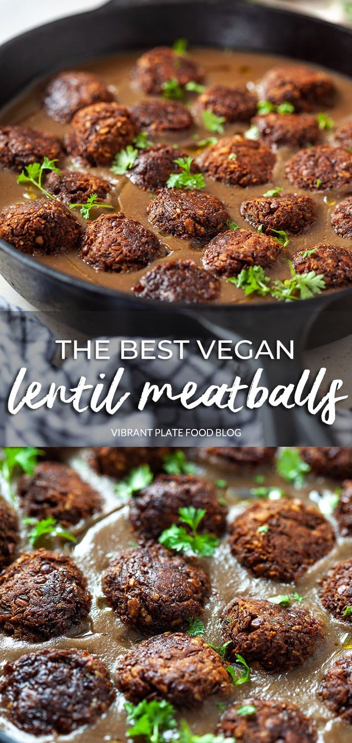 the best vegan lentil meatballs in a skillet with brown sauce and parsley