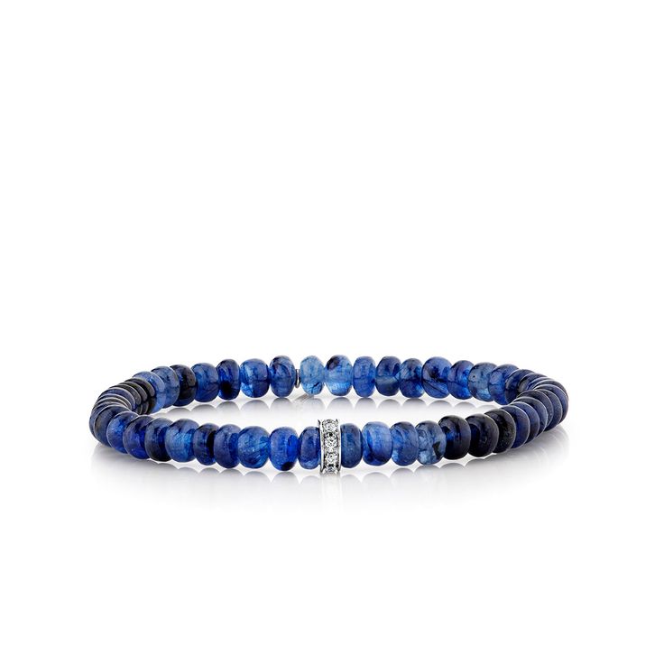 White Gold & Diamond Rondelle on Sapphire - Sydney Evan Fine Jewelry Luxury White Gold Beaded Bracelets, Luxury Blue Rondelle Jewelry, Timeless Blue Round Bracelets, Luxury Blue Round Bead Bracelets, Blue Rondelle Beaded Bracelets, Elegant Sapphire Beaded Bracelets With Round Beads, Sapphire Rondelle Gemstone Beads Jewelry, Elegant Sapphire Beaded Bracelets, Luxury Polished Rondelle Beads Bracelets