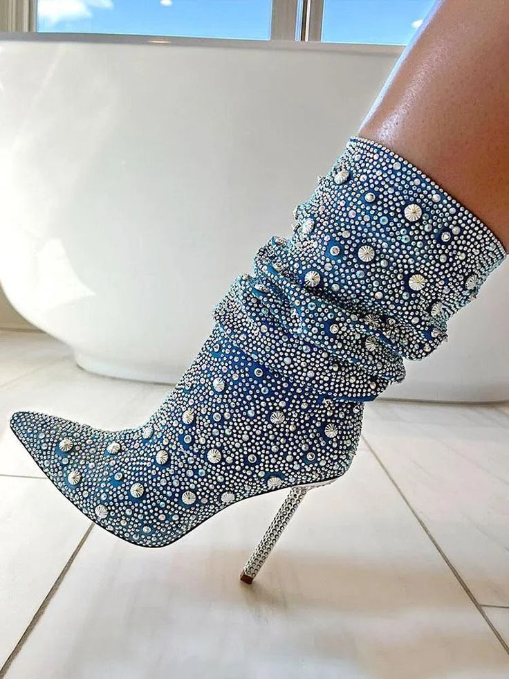 Chelsea Embellished Denim Boots – Atlanta Shoe Studio Embellished Boots, Shoe Model, Flower Heels, Francescas Dresses, Diamond Life, Boot Pulls, Embellished Heels, Denim Boots, Embellished Denim