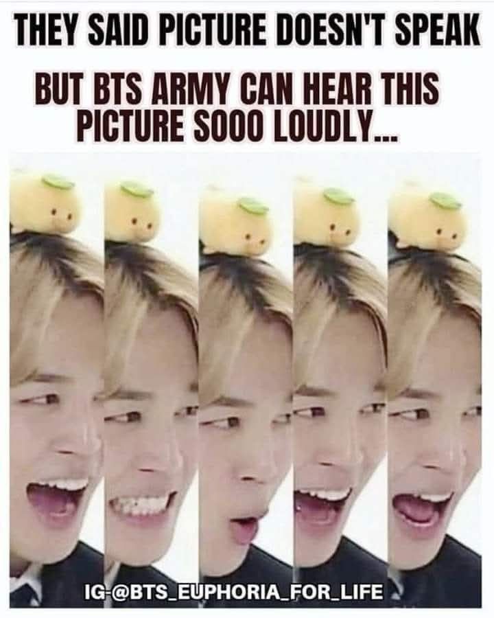 an advertisement with multiple pictures of a man's face and the words, they said picture doesn't speak but bts army can hear this picture sooo loudly