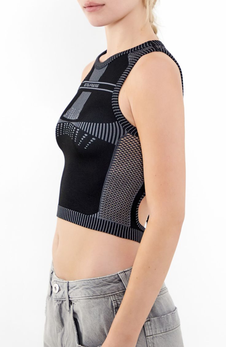 This cool cropped tank is crafted in a close-fitting silhouette with a tied-and-cutout back. 15" length (size Medium) Ties at back Crewneck Sleeveless 38% polyester, 35% recycled polyamide, 21% polyamide, 6% elastane Machine wash, line dry Made in Turkey Fitted Racerback Crop Top With Built-in Bra, Stretch Crop Top With Mesh Back, Stretch Mesh Back Crop Top, Stretch Cropped Tops With Mesh Back, Spring Crop Top With Mesh Back And Stretch, Black Tank Crop Top With Built-in Bra, Mesh Back Cropped Top, Summer Cropped Black Sports Bra, Black Tank Crop Top With Medium Support