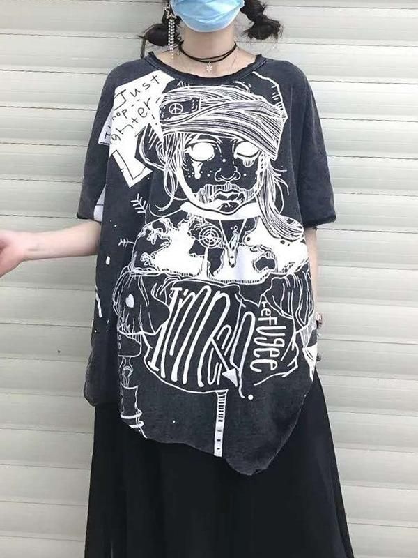 Sku CY-!60178 Material Cotton-blend Style Loose , Half Sleeves , Original , Irregularity Feature Cartoon Printed , Asymmetric Neckline Round-neck Occasion Going out , Original Creation Seasons Summer , Autumn Type T-Shirts Tops Color BLACK Size FREE SIZE Model's weight:50kg Model's height:170cm（66.93inches) Please consult the size chart we provide for this item's measurements to help you decide which size to buy.Please note: There may be 1-3cm differ due to manual measurement. INCH Bust Sleeve Length Sleeve Opening FREE SIZE 56.69 14.57 31.50 14.17 Casual Tie, Asymmetric Neckline, Mini Wrap Dress, Crop Blouse, Drawstring Pants, Sports Leggings, T Shirt Top, Half Sleeves, Fashion Statement