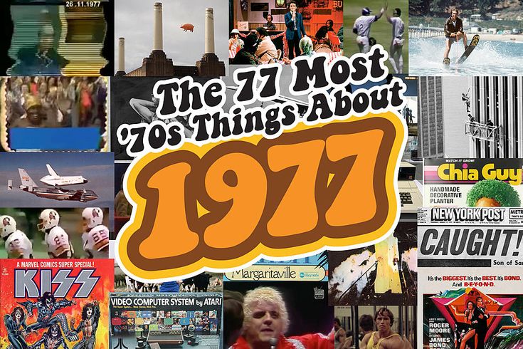 an advertisement for the seventies with many different pictures and words in orange, black, white, and blue