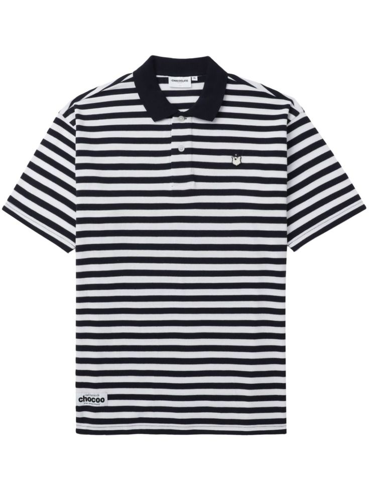 black/white cotton horizontal stripe print bear motif polo collar front button placket drop shoulder short sleeves straight hem Striped Collared Polo Shirt For Summer, Summer Striped Collared Polo Shirt, Striped Cotton Polo Shirt With Relaxed Fit, Summer Collared Polo Shirt With Horizontal Stripes, Summer Striped Polo Shirt, Summer Polo Shirt With Horizontal Stripes, Summer Horizontal Stripe Polo Shirt, Classic Striped Collared Polo Shirt, Summer Short Sleeve Horizontal Stripe Polo Shirt