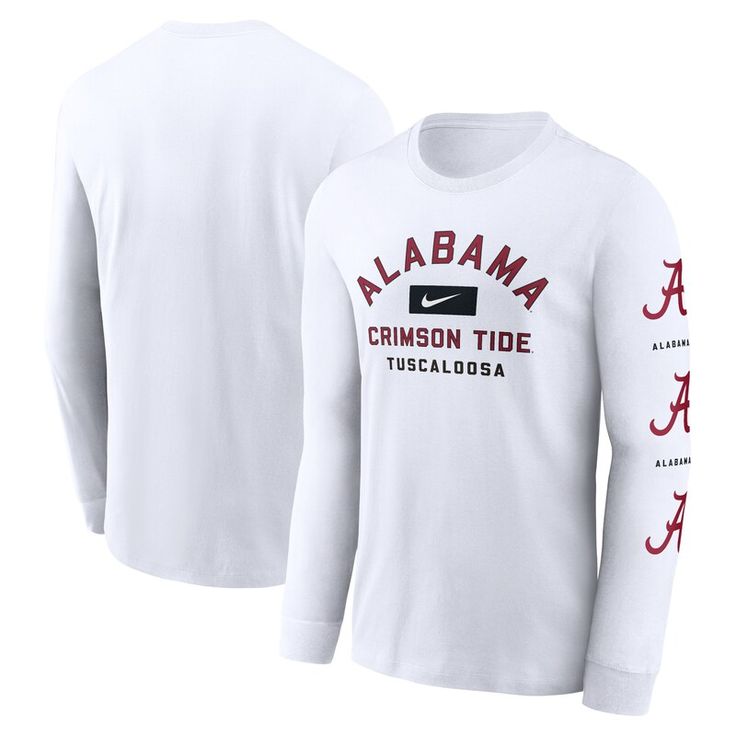 Show off your Alabama Crimson Tide pride with the Nike Primetime Classic Location T-Shirt. Soft cotton fabric provides continuous comfort, making this tee a go-to choice for game day or any day. This long sleeve shirt features the team name and location proudly displayed across the chest, while team logos run down the left sleeve for a bold show of Crimson Tide pride. This Crimson Tide tee is perfect for repping the Tide. Nike Collegiate Long Sleeve T-shirt, Long Sleeve Cotton T-shirt With Team Name, Long Sleeve T-shirt With Team Name For Fans, Nike Fan Apparel T-shirt With Letter Print, Nike Graphic Print T-shirt For Game Day, Long Sleeve T-shirt For Baseball Game Day, Casual Jersey T-shirt For Game Day, Football Season Fan Merchandise Tops, Nike T-shirt For Football Season Game Day