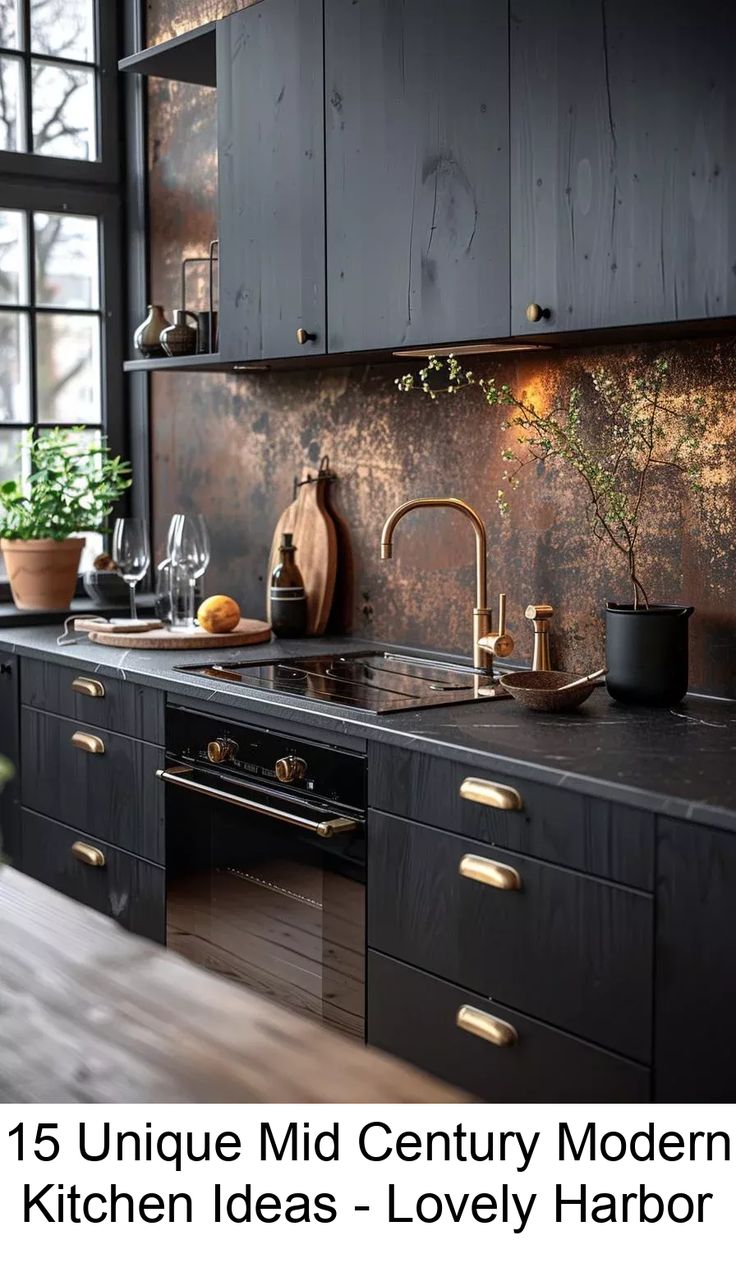 an image of a kitchen setting with black cabinets and gold hardware on the countertops