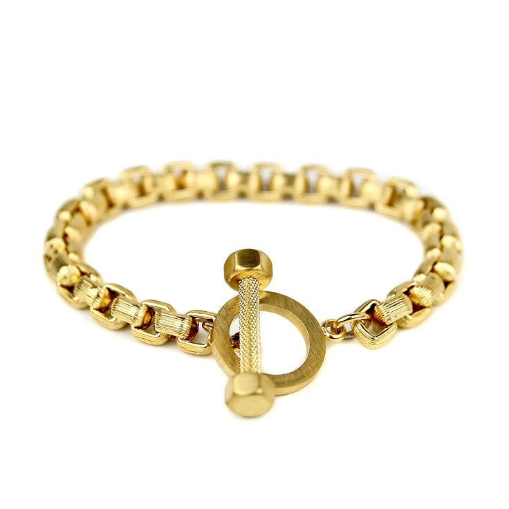 Due to the thickness of this bracelet, men's wrist sizes from 7 to 7.5 inches are perfect for this bracelet. Model's wrist is 7.25 inches in circumference. Thick 8mm box chain Toggle is 21x31mm Bracelet length 8.5 inches Gold plated stainless steel Learn how to measure your wrist here: https://www.youtube.com/watch?v=ypiuua7PR8o ► For longer lasting quality, please keep jewelry dry and away from chemicals. Jewelry care instructions come with every order. ► International orders are subject to tax Classic Adjustable Chain Bracelet With Stainless Steel Clasp, Adjustable Round Chain Bracelet With Solid Links, Adjustable Link Bracelet With Box Chain, Classic Adjustable Link Bracelets, Adjustable Oval Link Box Chain Bracelets, Classic Adjustable Chain Link Bracelets, Classic Adjustable Chain Link Bracelet, Adjustable Box Chain Link Bracelet, Adjustable Solid Link Oval Bracelet