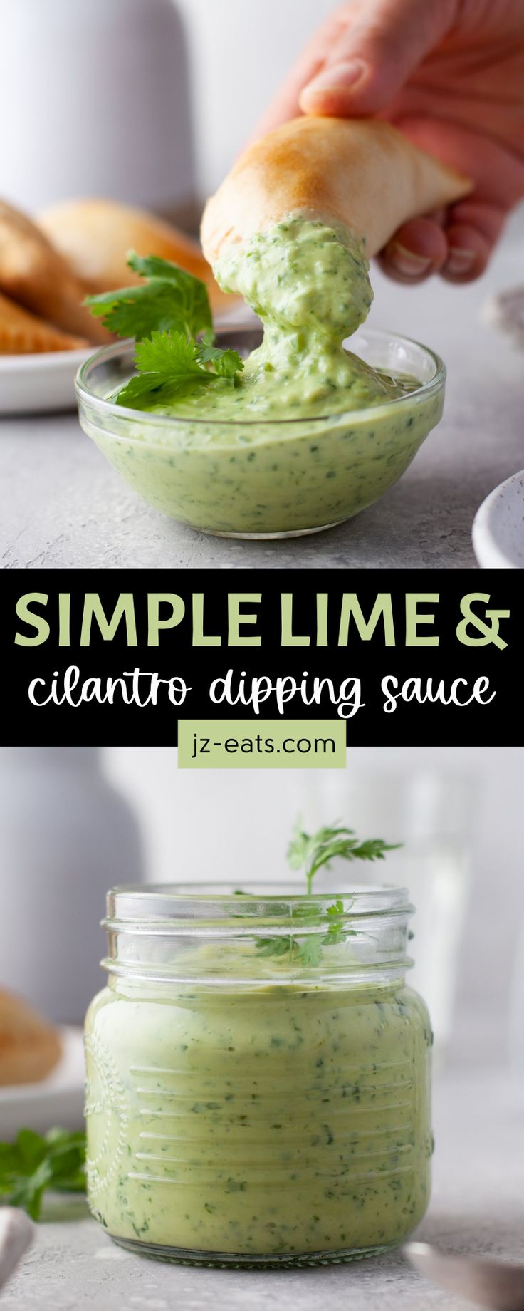 a person dipping something into a small glass jar with the words simple lime and cilantro dipping sauce