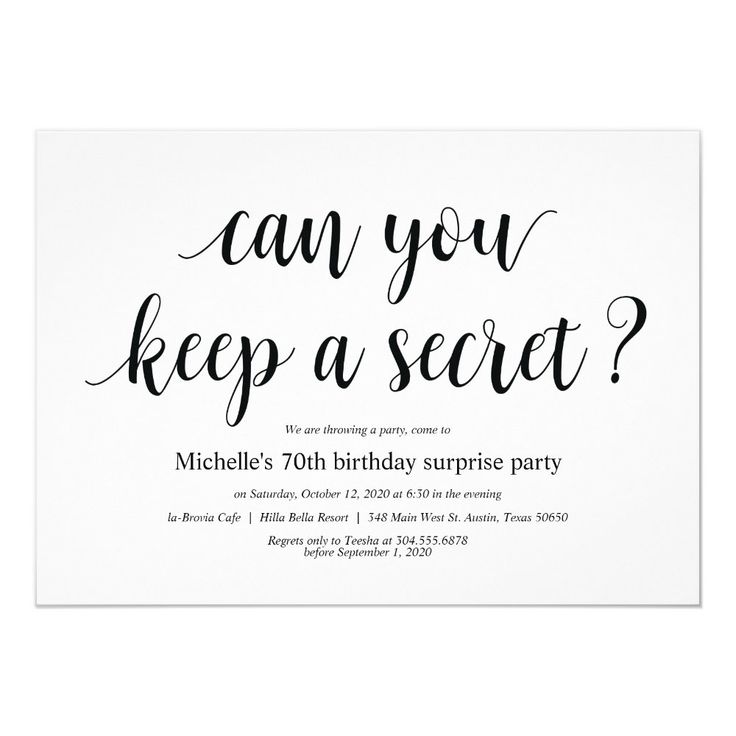 a black and white birthday party card with the words, can you keep a secret?