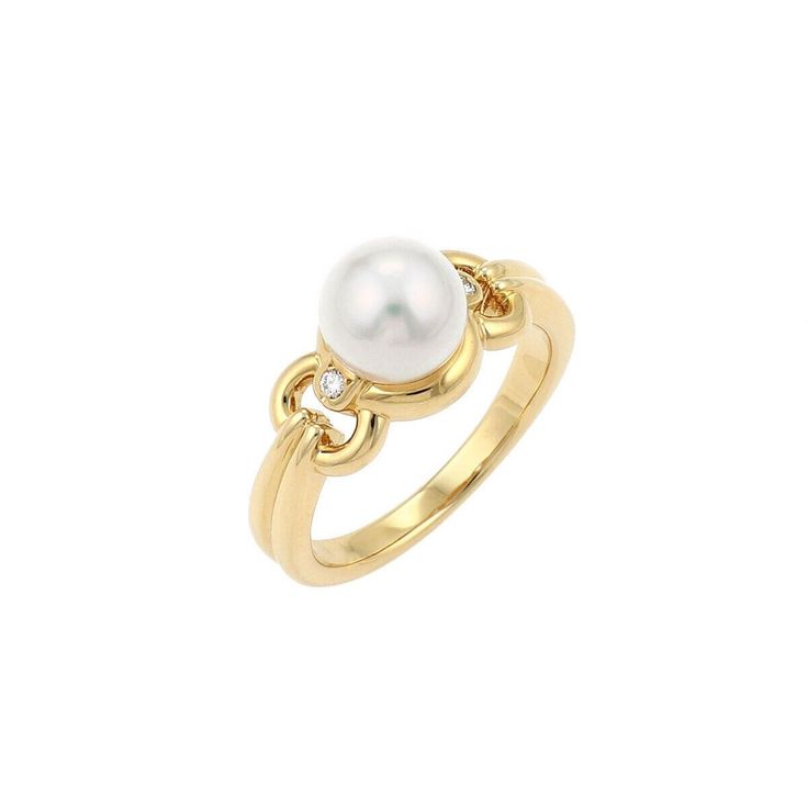 Material: 18k yellow gold Measurement: 0.54" across x 0.33" wide x 0.34" high Diamond: 3 points total Pearl: Akoya 7.5mm Ring size: 6 Weight:  6 grams This gorgeous authentic ring is by Mikimoto, well crafted from 18k yellow gold with a polished finish featuring a lustrous 7.5mm Akoya pearl accented on each side with a small round cut diamond. Slim shank with a grooved band. Signed M K18. 22150 Luxury Akoya Pearl Drop Ring, Elegant Gold-plated Wedding Rings, Modern Yellow Gold Pearl Ring For Formal Occasions, Refined Gold Oval Diamond Ring, Gold Pearl Ring With Polished Finish For Anniversary, Modern Gold Pearl Ring For Wedding, Modern Yellow Gold Pearl Ring For Anniversary, Gold Pearl Ring Stamped 14k For Gift, Classic Gold-plated Pearl Ring