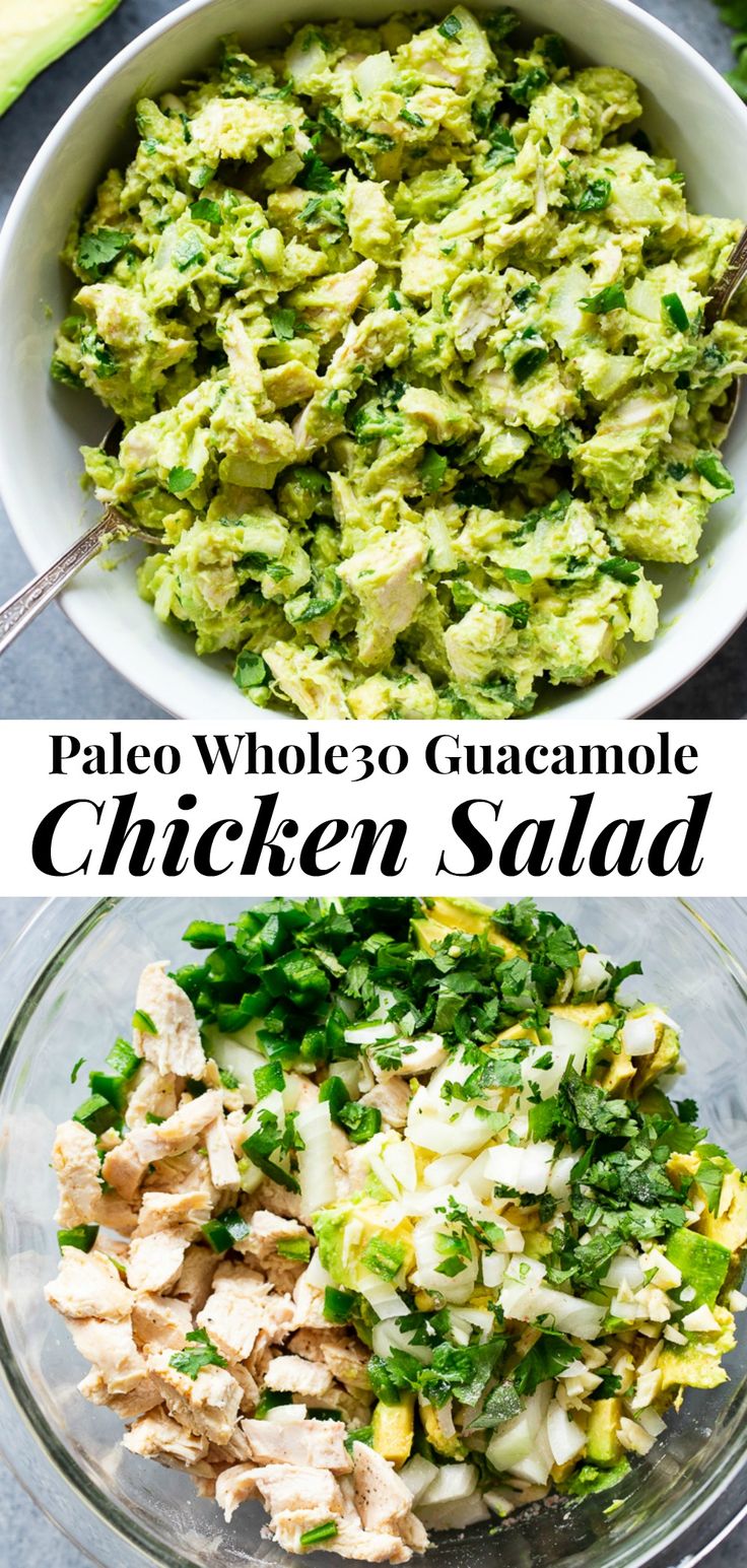 the ingredients for this guacamole chicken salad are in separate bowls