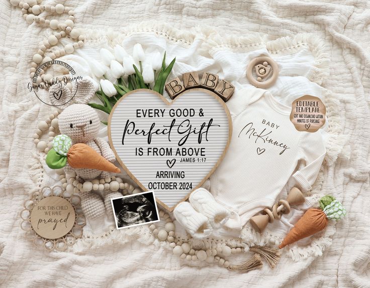 a baby's birth announcement surrounded by other items