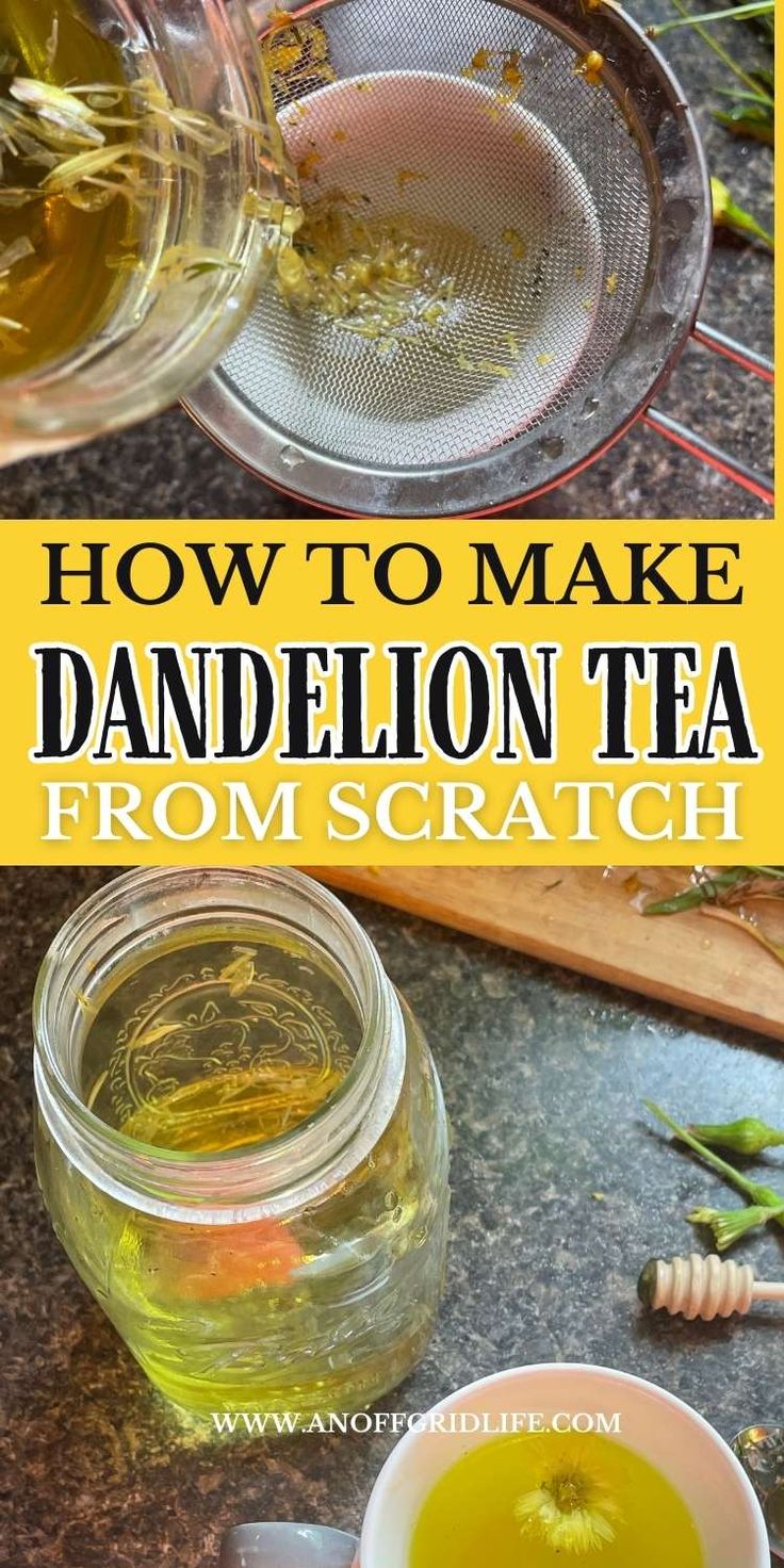 how to make dandelion tea from scratch with pictures and text overlays