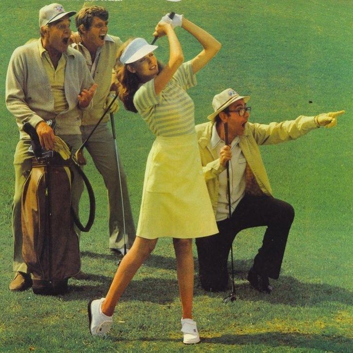 an advertisement for the white stag golf club featuring three men and a woman in yellow